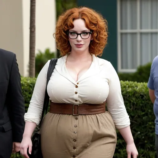 Prompt: full body photo christina hendricks dressed as a chubby nerdy woman with frizzy curly hair and glasses