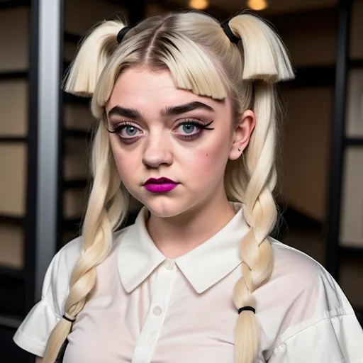 Prompt: maisie williams as a bimbo with a very long bleach blonde pigtail hairstyle,  heavy contouring makeup, lipstick, eyeshadow, fake eyelashes, wearing stiletto heels full body shown