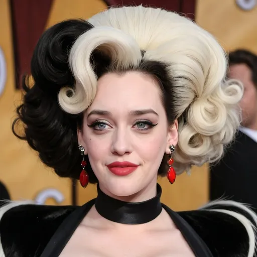 Prompt: Kat Dennings dressed as Cruella Deville with big bouffant beehive hair