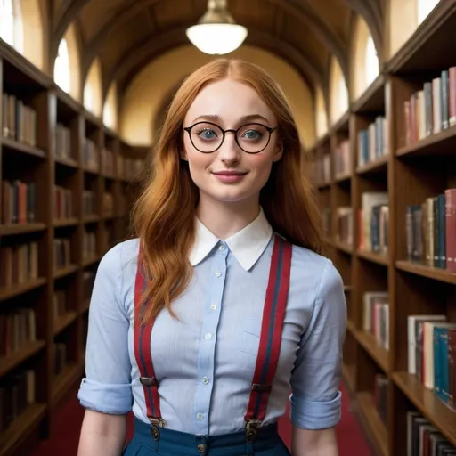 Prompt: Sophie Turner, known for her fiery role as Sansa Stark in "Game of Thrones," in a delightful transformation into a charmingly dorky character. She sports a pair of oversized, round nerd glasses that magnify her already expressive eyes, giving her a scholarly yet playful look. Her hair is styled in a short, bowl-cut fashion, which is a throwback to the 90s and adds to her geek-chic allure. To complete the ensemble, she dons a pair of suspenders that perfectly complement her preppy, striped collared shirt. The suspenders are a vibrant shade of blue, which contrasts with the shirt's white and red stripes, creating a whimsical touch. The overall vibe is that of a modern-day geek goddess who has embraced her inner nerd. The scene appears to be set in a well-lit library, surrounded by towering bookshelves filled with ancient tomes and contemporary novels, hinting at her intellectual curiosity. With a cheeky smile and a finger held to her pursed lips, she exudes an air of mischief as if she's just shared a clever joke or discovered a hidden book treasure. The background is softly blurred, drawing all attention to her charismatic persona. Despite the stark change from her on-screen royalty, she wears her new identity with confidence, making it clear that she can rock any look she chooses. The image captures a moment of pure, unfiltered joy, inviting viewers to embrace their own quirks and celebrate the beauty of being a little bit dorky.