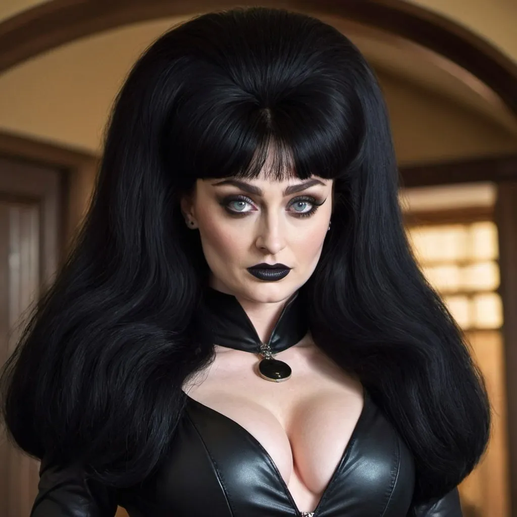 Prompt: sophie turner Dressed as Elvira Mistress of the dark, Big bouffant Beehive black hair