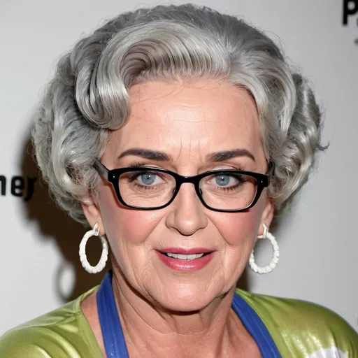Prompt: Katy Perry dressed as a old woman, short bouffant curly grey hair, glasses, wrinkles, granny, plump, wearing swimsuit