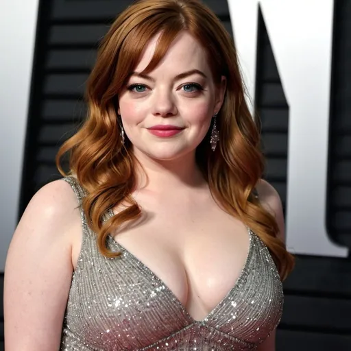Prompt: fat Emma Stone, chubby body, plump bbw, long hair, big chest, wearing a sparkly dress