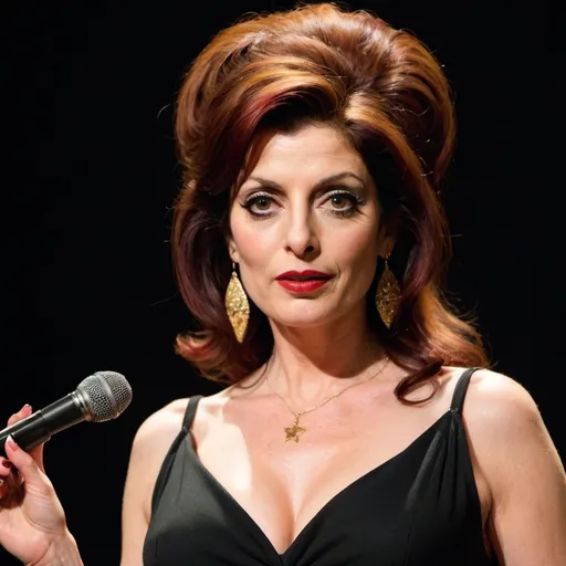 Prompt: Susan Sarandon, a talented and versatile Hollywood icon, elegantly transformed into a stunning doppelgänger of the late Amy Winehouse. Her fiery red hair is styled into an exaggerated bouffant beehive, reminiscent of the soulful singer's signature look. The voluminous locks cascade down to frame Susan's face, which is artfully made up with dramatic winged eyeliner and bold, red lipstick, mimicking Amy's iconic makeup. She wears a sleek, black dress with a cinched waist, evoking the retro-chic fashion sense that Winehouse was known for. Accessorizing the look are chunky gold hoop earrings and multiple bangle bracelets that jingle as she moves. Susan's eyes sparkle with the same intensity and emotion that filled Amy's performances, suggesting she is not just dressed as the star, but has channeled her spirit. The backdrop is a moody, dimly lit stage, with a single spotlight highlighting Susan, creating a powerful contrast against the darkened background. The scene is completed with a vintage microphone stand in the foreground, hinting at a captivating performance about to unfold. The resemblance is uncanny, yet Susan infuses the ensemble with her own brand of sophistication and charisma, paying a visually striking and respectful tribute to the legendary artist.