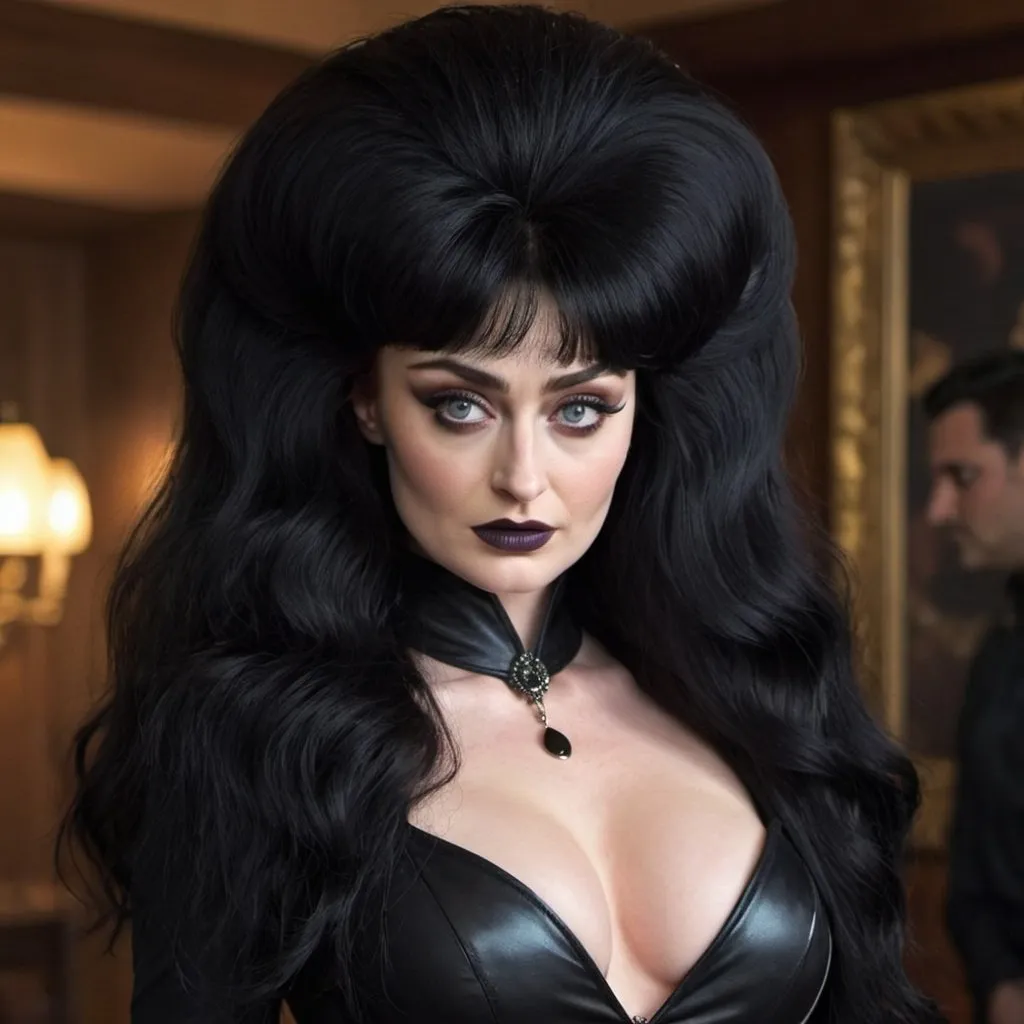 Prompt: sophie turner Dressed as Elvira Mistress of the dark, Big bouffant Beehive black hair