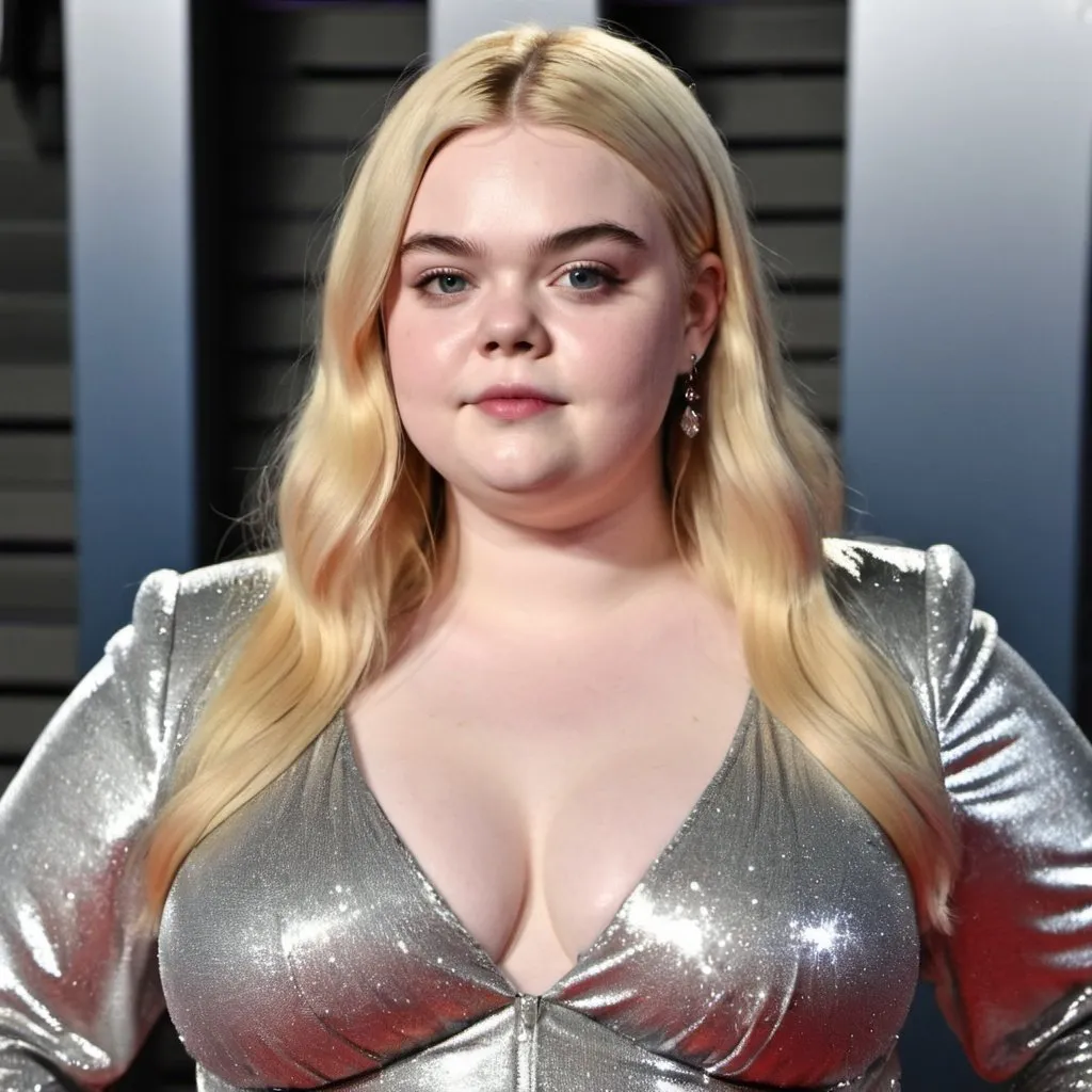 Prompt: fat Elle Fanning, chubby body, plump bbw, long hair, big chest, wearing a sparkly jumpsuit