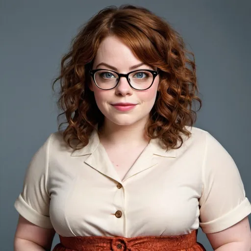 Prompt: full body photo emma stone dressed as a chubby nerdy woman with frizzy curly hair and glasses