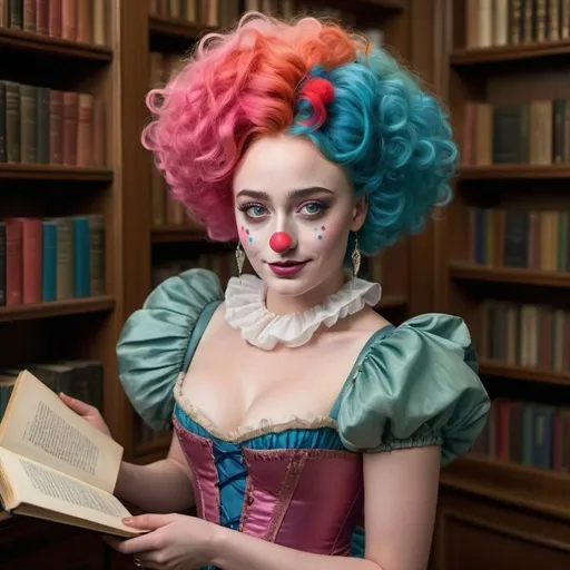 Prompt: The enchanting Sophie Turner, known for her role as Sansa Stark in Game of Thrones, in an unexpected and whimsical transformation. She is dressed as a clown, but not your typical circus performer. Her ensemble is a modern twist on the classic clown attire, with bold and vibrant colors that pop against the muted backdrop of an antique library. The focus of the photograph is on her face, which is meticulously painted with a delicate balance of white and red makeup, creating a sophisticated yet playful expression that complements her piercing blue eyes. Above her head, a wildly colorful wig of cascading ringlets in shades of pink, blue, and green stands tall, reminiscent of a peacock's plumage. The wig is adorned with glittering stars and tiny bells that whisper a melody with every movement she makes. Her attire includes a ruffled collar and a corset-style top that hints at her feminine figure while still embracing the clown aesthetic. The rest of her outfit is a blend of tailored pants and oversized shoes, topped with a short, puffy tutu that adds an air of elegance to the otherwise comical look. In one hand, she holds a vintage-style balloon, partially obscured by the pages of an open book, suggesting a whimsical blend of the academic and the absurd. Her other hand rests on a bookshelf, filled with dusty tomes and peculiar artifacts, as if she's just stepped out of a literary adventure. The overall effect is a captivating blend of sophistication and playfulness, leaving viewers intrigued by the juxtaposition of the refined setting with her flamboyant clown attire. The library's warm lighting casts a soft glow on her features, highlighting the intricate details of her makeup and the glossy finish of the balloon. The photograph captures a moment of mischief and wonder, as if Sophie has just uncovered a secret world hidden within the pages of her favorite book, and her clown persona is ready to explore it. Her smile is mysterious and alluring, inviting the audience to join her in her imaginative escapade.