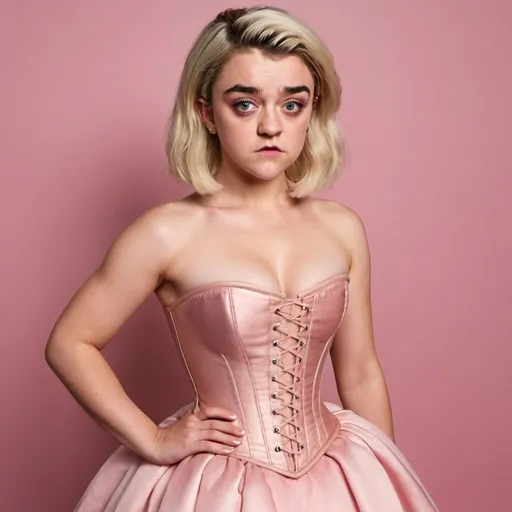 Prompt: Maisie WIlliams, bimbo, big bouffant beehive bleach blonde long hair, tan skin, big chest, tight pink dress, big pouting lips, full body, pink makeup, curvy body, large rear, corset