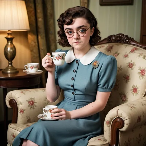 Prompt: Maisie Williams a 1940s woman, with a pincurl hairstyle, wearing 1940s dress, cateye glasses, holding a cup of tea, sitting on a sofa, photo style, detailed face