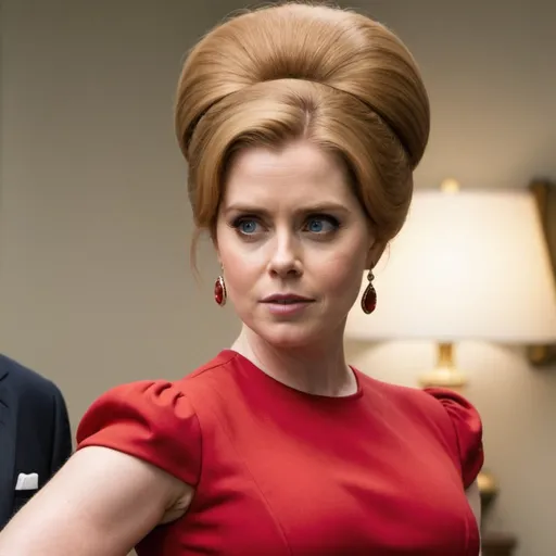 Prompt: Amy Adams a overweight stepford wife woman, with a big bouffant beehive hairstyle, wearing form fitting red dress, photo style, detailed face