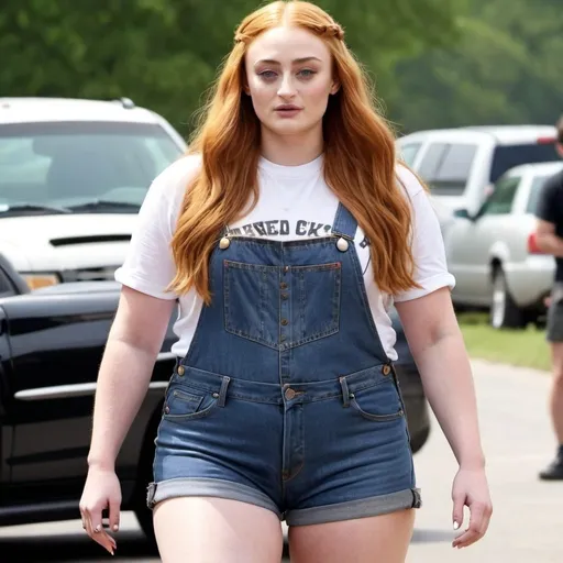 Prompt: sophie turner dressed as a chubby redneck woman curvy body, wearing denim shorts, extremely long hair