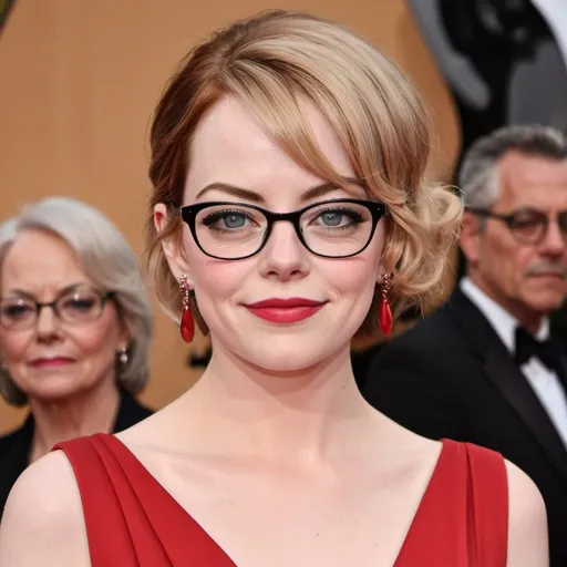 Prompt: Emma Stone as a older woman, big pointed nose, grey bouffant updo hair, cat eye glasses, tight red dress, heavy makeup, high heels, wrinkles