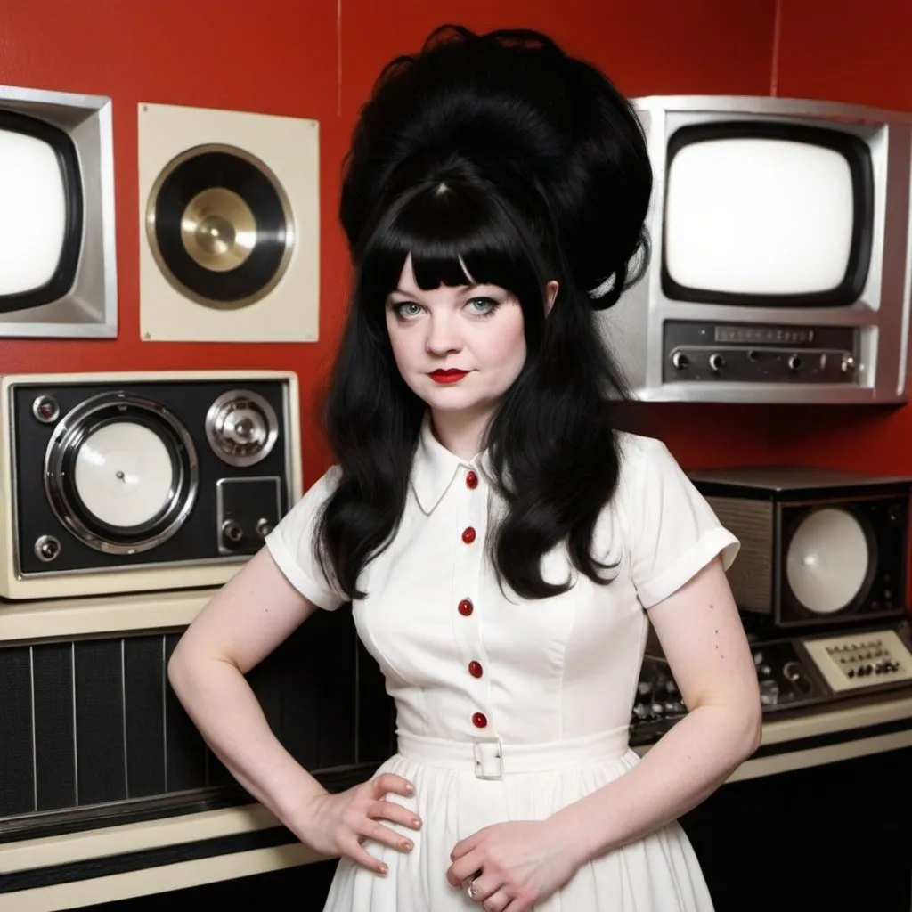 Prompt: Meg white dressed as a 1960's woman with big bouffant hair