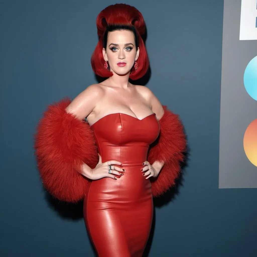 Prompt: katy perry plump woman with long red big bouffant beehive hair full body shown, wearing tight dress full body shown