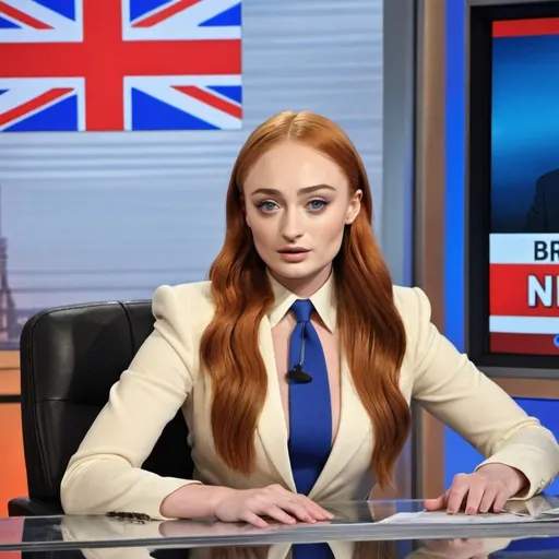 Prompt: sophie turner dressed as britishnewsreader