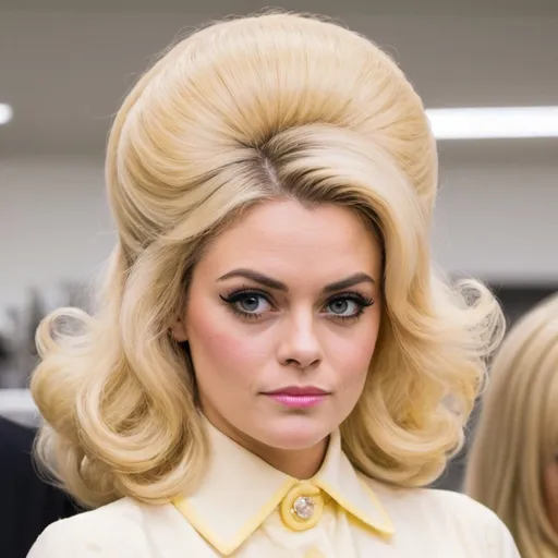 Prompt: chanel cresswell dressed as stepford wife with massive bouffant beehive long blonde hair