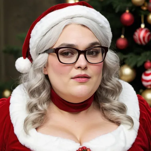 Prompt: Keira Knightley dressed as bbw chubby mrs claus Woman, white hair, glasses