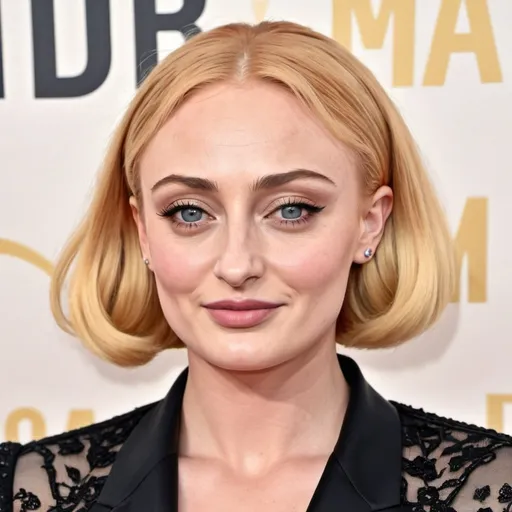 Prompt: sophie turner dressed as a middle aged karen mom woman with a blonde bouffant stacked a line bob hairstyle