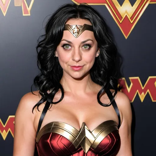 Prompt: Kaley Cuoco dressed as Wonder Woman  with big bouffant black hair