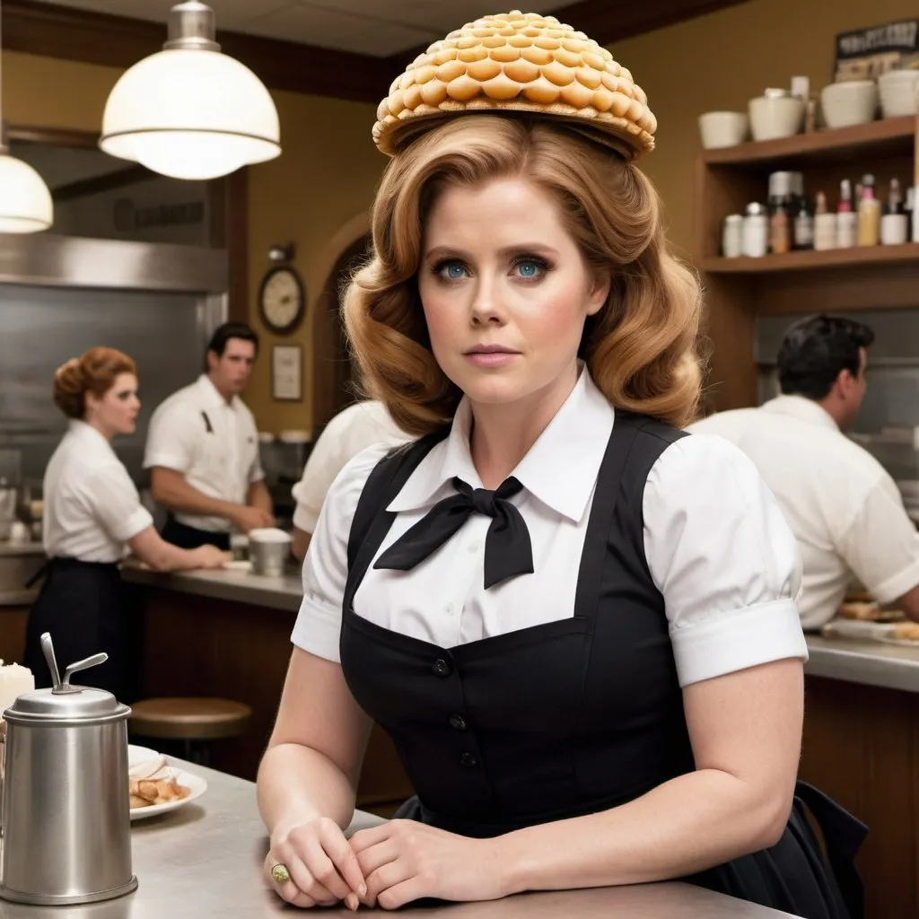 Prompt: Amy Adams a overweight waitress, wearing waitress outfit, giant bouffant beehive hairstyle, makeup, photo style, detailed face, full body