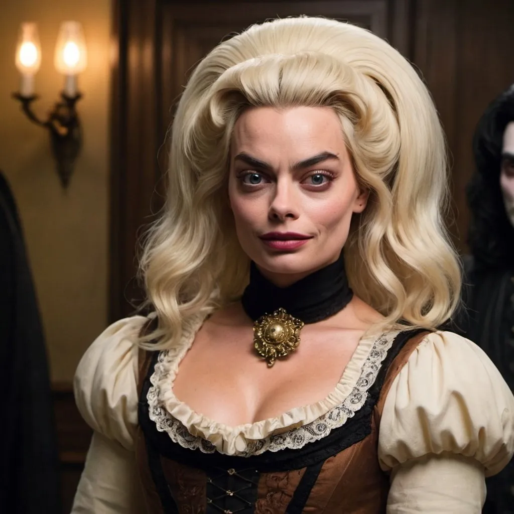 Prompt: Margot Robbie dressed as nadja what we do in the shadows with big bouffant beehive long hair