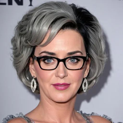 Prompt: katy perry dressed as a sultry mature woman, 60 years old, grey bouffant hair, eyelashes, eyeshadow, glasses wrinkles, nightdress