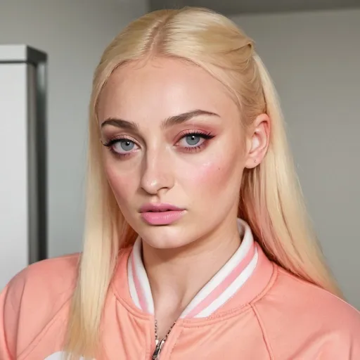 Prompt: sophie turner as a chav woman, bleach blonde hair, pouting lips, fake orange tan, pink tracksuit, thick pink makeup