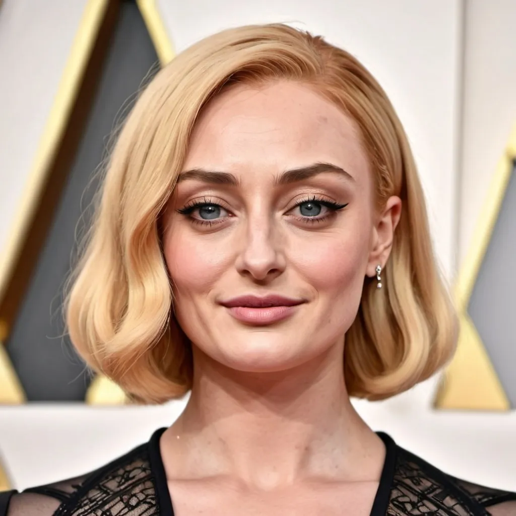 Prompt: sophie turner dressed as a middle aged karen mom woman with a blonde bouffant stacked a line bob hairstyle