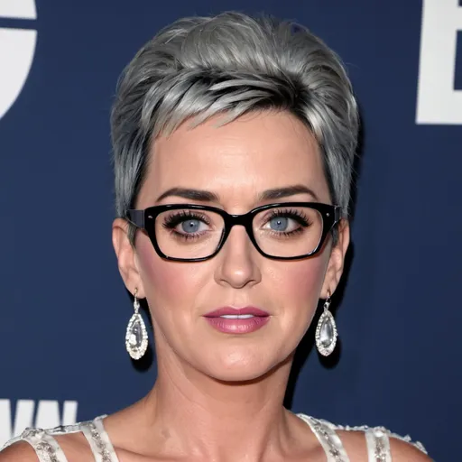 Prompt: katy perry dressed as a sultry mature woman, 60 years old, grey bouffant hair, eyelashes, eyeshadow, glasses wrinkles, nightdress