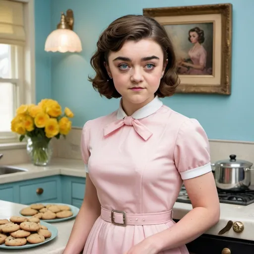 Prompt: maisie williams A quintessential Stepford wife from the 1960s, embodying the idealized perfection of suburban domesticity. She stands in the center, her figure a study in curvaceous elegance, with a blonde bouffant beehive hairstyle that soars to impossible heights and is meticulously styled to maintain its voluminous shape. The hair, a cascade of golden curls, is so vivid it seems to be illuminated from within, casting a warm glow upon her flawless complexion. Her eyes are a piercing shade of blue, framed by immaculately applied winged eyeliner and long, curled lashes that bat in unison with her serene smile. She wears a tailored pink dress that accentuates her hourglass figure, cinched at the waist by a slim black belt adorned with a silver buckle. The dress falls to just above her knees, revealing her pristine white pumps and matching pearls that encircle her neck. In her right hand, she holds a perfectly folded apron, the strings tied into a neat bow, while her left hand gracefully extends to hold a tray of freshly baked cookies. The setting is a pristine kitchen, with gleaming chrome appliances and a vibrant Formica countertop that complements the pastel color scheme. The background is a mural of a picturesque garden, with a window framing a cloudless blue sky. The scene is suffused with an eerie perfection, the Stepford wife's stance slightly too rigid, her smile a tad too wide, hinting at the underlying artificiality of her existence. Yet, the allure of the vintage aesthetic and the impeccable detail of her presentation draw the viewer into a world of retro charm and unsettling beauty.