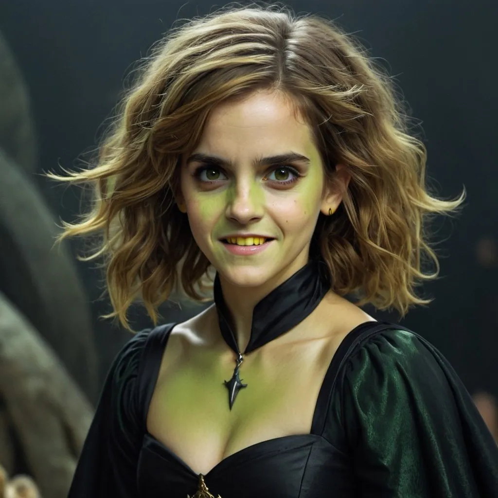 Prompt: Emma Watson dressed as a evil witch, green skin, big Wild frizzy hair, Pointed nose, yellow teeth, black witches dress