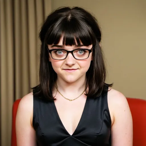 Prompt: maisie williams dressed as ugly betty black hair with bangs

