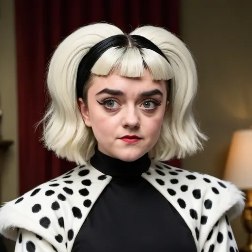 Prompt: maisie williams dressed as cruella deville from 101 dalmations with a massive beehive hairstyle