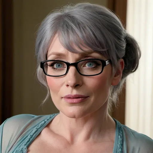 Prompt: bryce dallas howard dressed as a sultry mature chubby woman, 60 years old, grey bouffant hair, eyelashes, eyeshadow, glasses wrinkles, nightdress