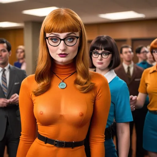 Prompt: Sophie Turner dressed as Velma Dinkley from Scooby Doo