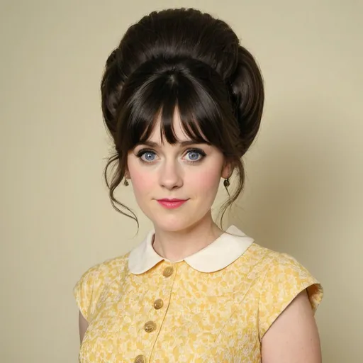 Prompt: zooey deschanel dressed as a 1960's woman with big bouffant beehive hair