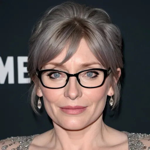 Prompt: bryce dallas howard dressed as a sultry mature chubby woman, 60 years old, grey bouffant hair, eyelashes, eyeshadow, glasses wrinkles, nightdress