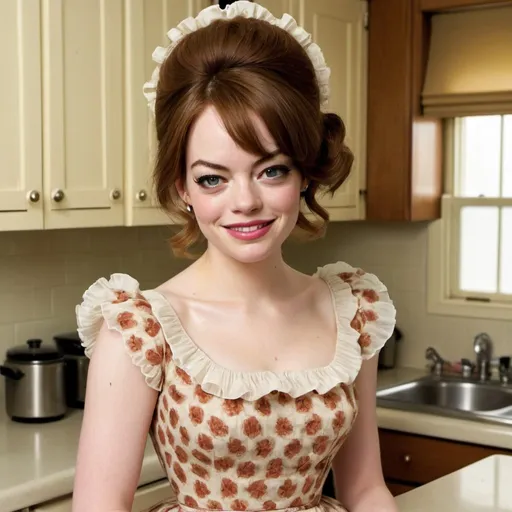 Prompt: Emma Stone conservative housewife in a kitchen, dazed smile, tan skin, wearing a poofy modest frilly dress, lipstick, eyeshadow, huge bouffant 1960s hair, 