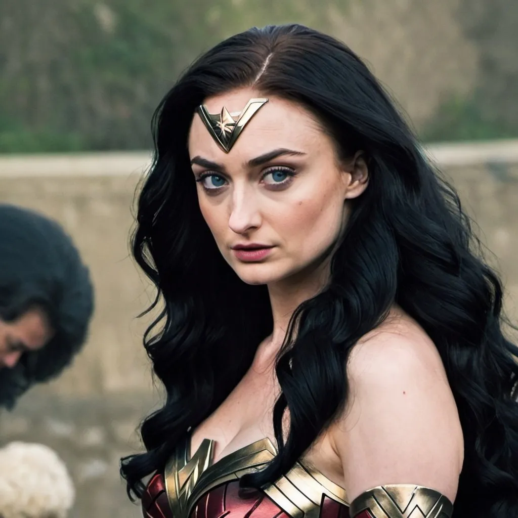 Prompt: Sophie Turner dressed as Wonder Woman  with big bouffant black hair