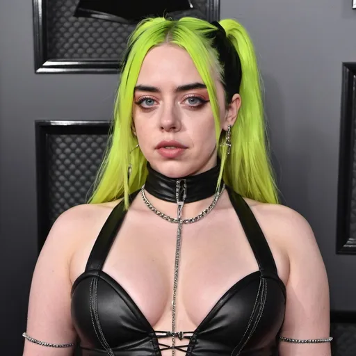 Prompt: Billie Eilish dressed as a dominatrix with a high long ponytail hairstyle 