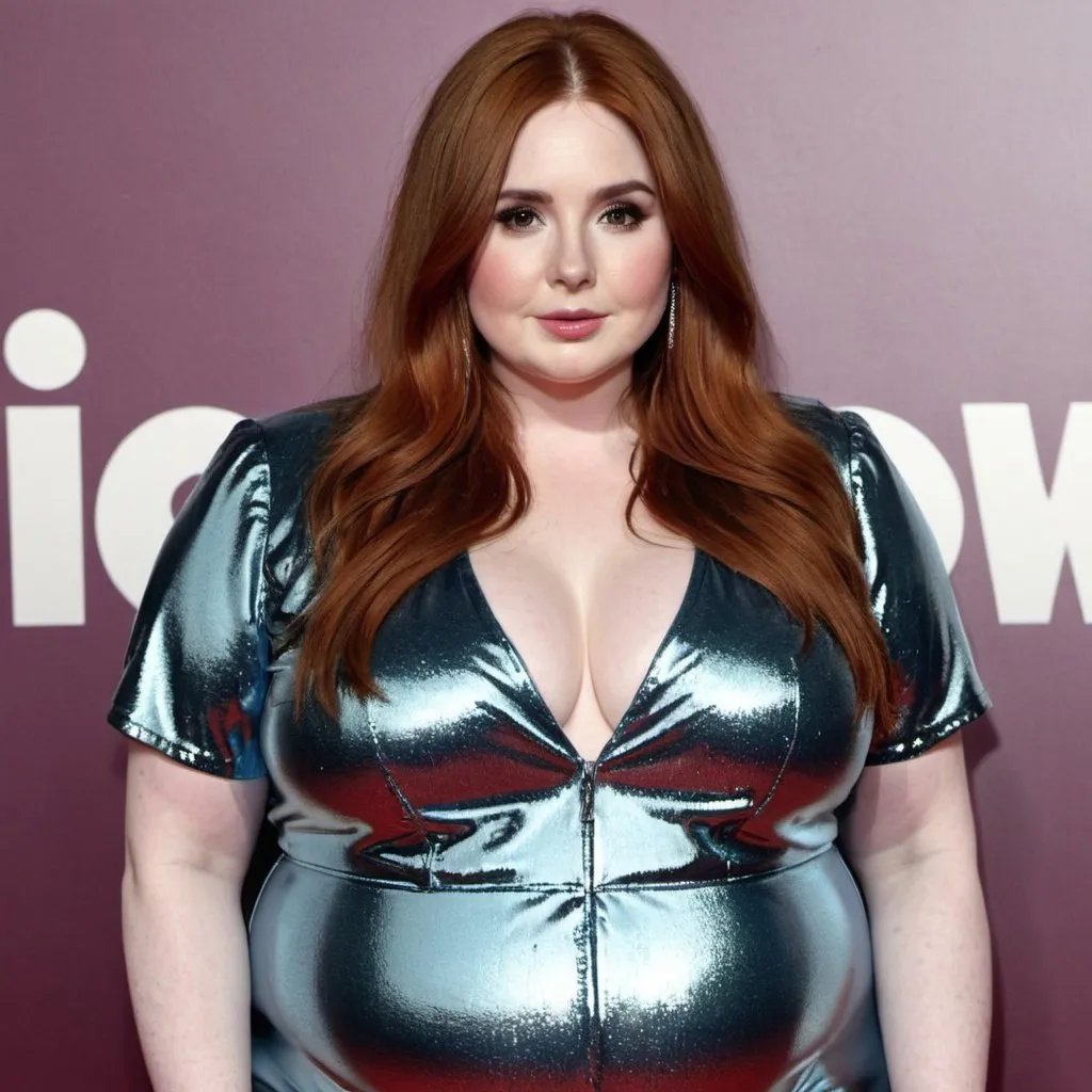 Prompt: fat Karen Gillan, chubby body, plump bbw, long hair, big chest, wearing a sparkly jumpsuit