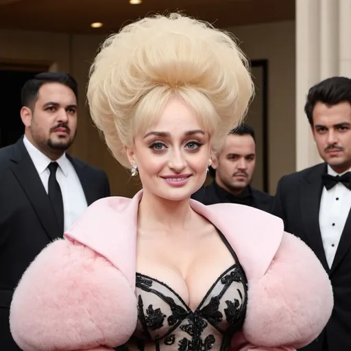 Prompt: Sophie Turner dressed as Barbara Windsor with big bouffant hair