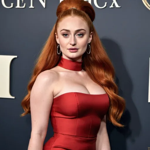 Prompt: Sophie Turner plump woman with long red big bouffant beehive hair full body shown, wearing tight dress full body shown