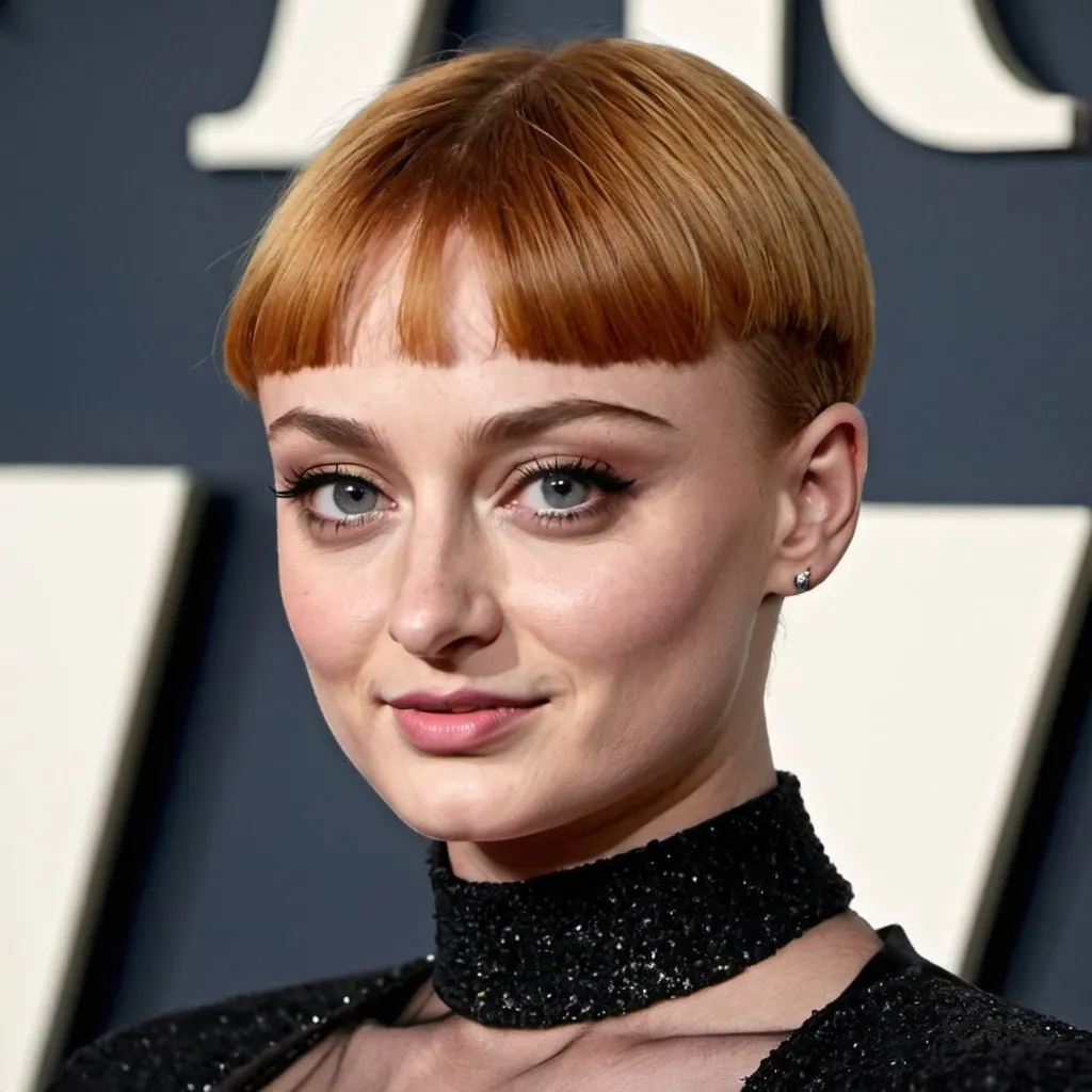 Prompt: Sophie Turner with a bowlcut hairstyle