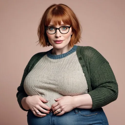 Prompt: Bryce Dallas Howard a overweight bbw chubby fat pregnant mom, wearing mom jeans and sweater, glasses, short bob bowlcut hair with bangs, makeup, photo style, detailed face, full body