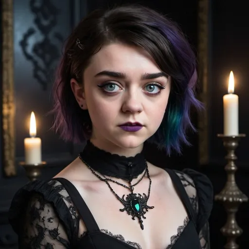 Prompt: maisie williams A strikingly beautiful individual with a dramatic goth-emo aesthetic. Their hair is styled in an impressive black bouffant, standing tall and proud, with the sides swept back to reveal an intricate network of backcombed strands that seem to defy gravity. The stark contrast of the jet-black hair against their pale, almost translucent skin creates a hauntingly ethereal look, complemented by their dark, smokey makeup. Thick, winged eyeliner extends from the corners of their eyes, reaching out like the wings of a raven in flight, while their plum-tinted lips are pressed into a sultry pout. Their cheekbones are sharply contoured, with a dusting of gothic glitter that catches the dim light, casting an eerie glow. The individual's eyes are lined with kohl, the irises a piercing shade of emerald green that seems to hold a secret world of pain and passion. Their attire is equally as dramatic, with a tattered black dress that clings to their slender frame, adorned with silver chains and spiderweb lace. The background is a moody blend of deep purples and blues, with shadows playing across the walls, hinting at the dark, mysterious atmosphere of a moonlit cemetery or a forgotten, candlelit chamber. The overall composition of the image is one of gothic elegance, capturing the essence of the goth-emo subculture in a way that is both alluring and slightly unsettling, inviting the viewer to step into the shadowy realm of their enigmatic universe.