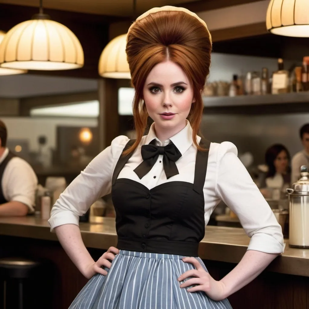 Prompt: Karen Gillan a overweight waitress, wearing waitress outfit, giant bouffant beehive hairstyle, makeup, photo style, detailed face, full body