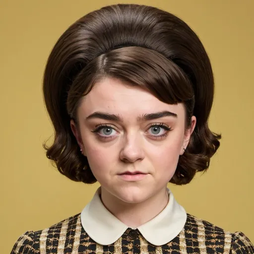 Prompt: Maisie Williams dressed as a 1960's woman with big bouffant beehive hair