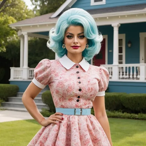 Prompt: Bebe Rexha dressed as a retro Stepford Wife with a bold bouffant hairstyle. She stands in the perfectly manicured lawn of a quintessential 1960s suburban home, her vibrant smile in stark contrast to the monochromatic background. Bebe's ensemble is a playful twist on the era's fashion norms, with a cinched-waist dress in a vivid floral pattern that pops against her sleek and voluminous bouffant, styled with precision to resemble the iconic hairdos of the time. Her eyes are adorned with dramatic winged eyeliner and her lips are a vivid shade of red, adding a touch of modern flair to her otherwise classic look. The Stepford-esque neighborhood is eerily still, with not a soul in sight, allowing Bebe's vivid presence to command the scene. She holds a vintage vacuum cleaner with an air of confidence and poise, as if she's about to break into a choreographed dance routine rather than clean the house. The sky above is a flawless shade of blue, complementing the greenery that surrounds the pristine white picket fence. The house behind her boasts a pastel exterior, with neatly arranged flowers in the window boxes and a meticulously swept porch that leads to a gleaming red front door. The overall aesthetic is a whimsical blend of retro and surreal, invoking a sense of nostalgia while simultaneously subverting the subservient stereotype with Bebe's unmistakable personality and flair.